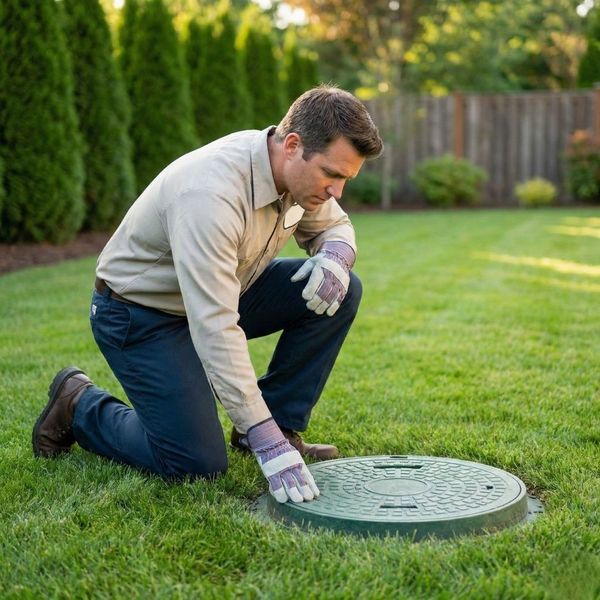 A technician in a blue uniform prepares to inspect a septic tank access lid on a manicured lawn.