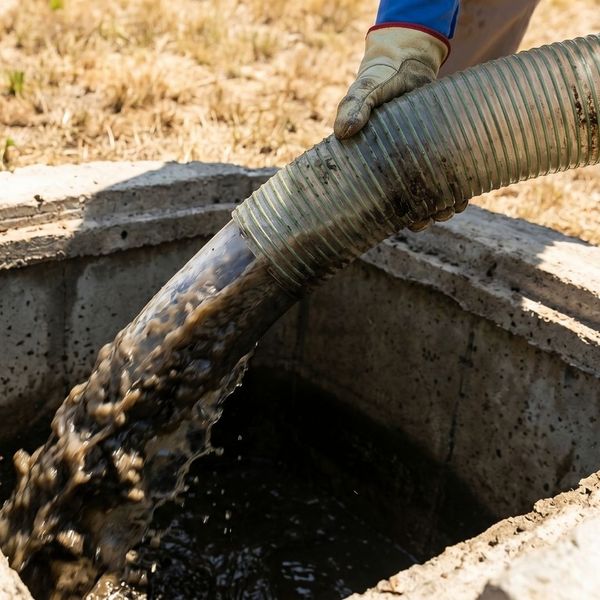 A close-up view of a heavy-duty industrial suction hose pumping accumulated wastewater sludge out of a concrete septic riser.