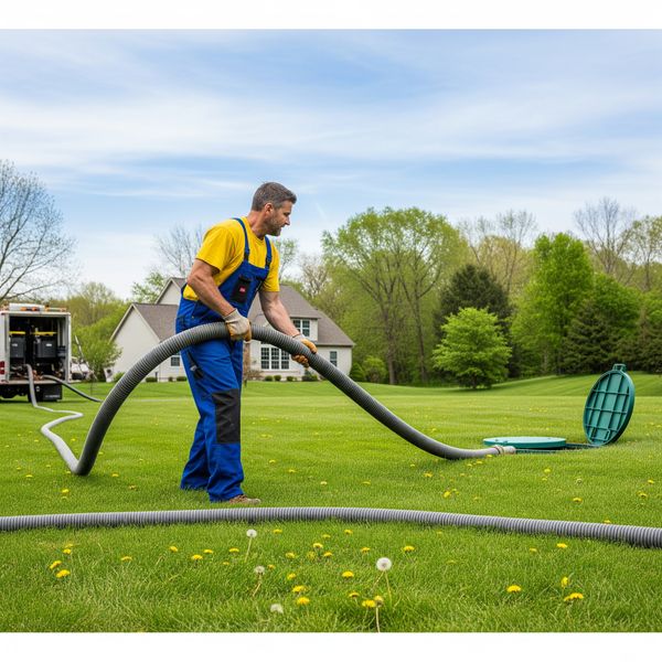 A septic service technician laying out a long hose across a lawn to reach a septic tank lid.