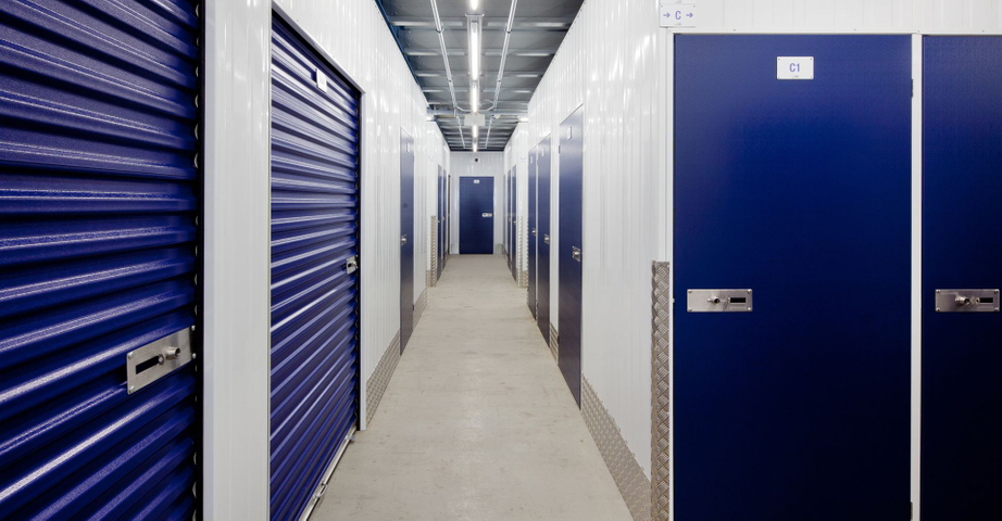 indoor storage units with blue doors