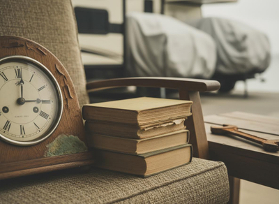Vintage Clock and Old Books on Chair with Covered Vehicles