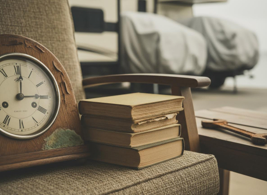 Vintage Clock and Old Books on Chair with Covered Vehicles