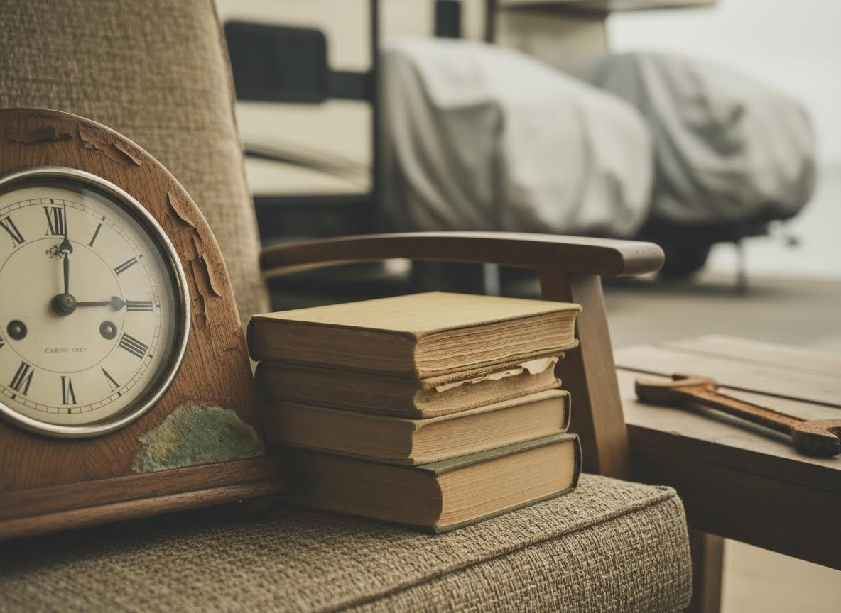 Vintage Clock and Old Books on Chair with Covered Vehicles