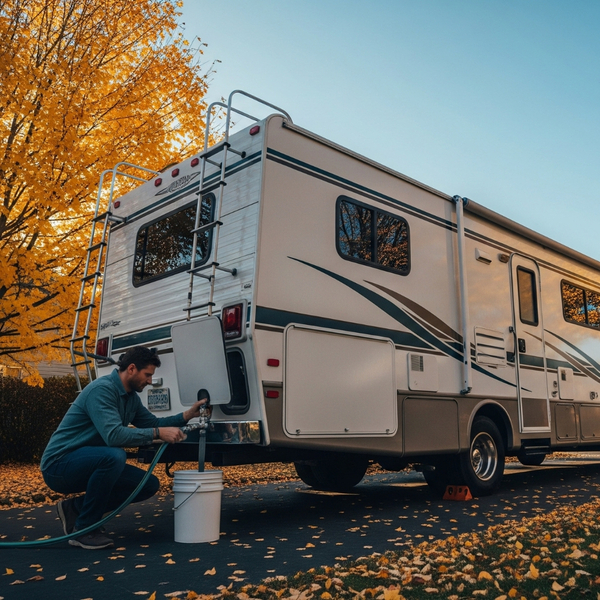 RV parked in a driveway with someone draining the water tank into a bucket