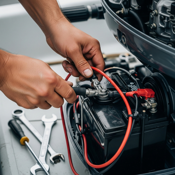 hands disconnecting a battery from a small boat engine