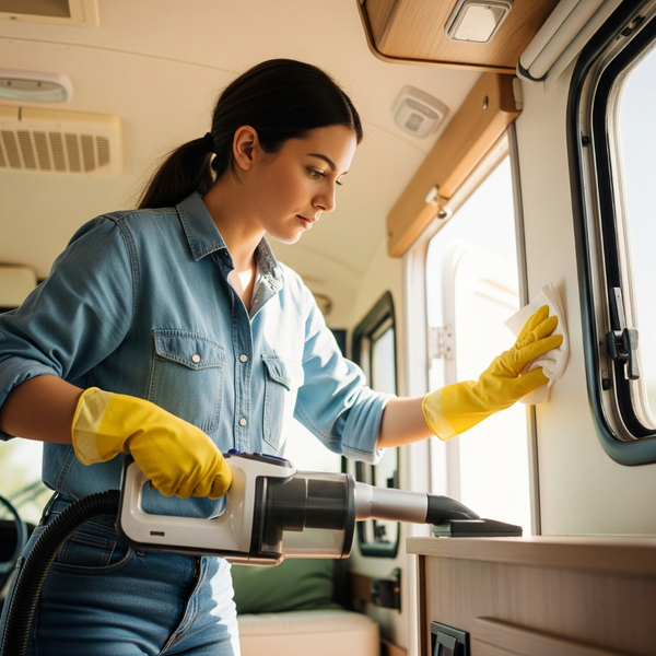 person wearing gloves cleaning the interior of an RV with a vacuum