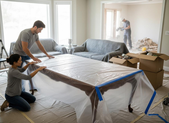 Couple covering table for home renovation