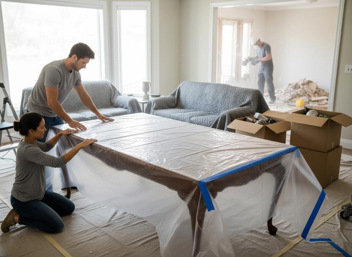 Couple covering table for home renovation
