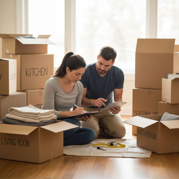 couple packing up and labeling boxes 