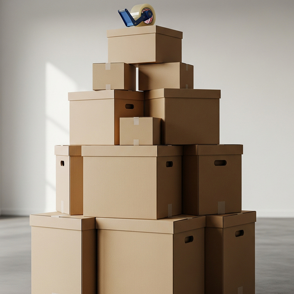 A neat stack of new cardboard moving boxes and tape. tape.jpg