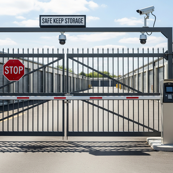 A robust security gate with video cameras at a storage facility entrance emphasizes the protection of stored belongings. image3.jpg