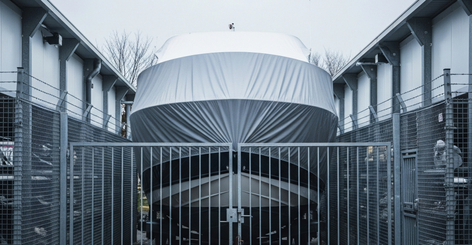 A boat covered with a protective winter cover