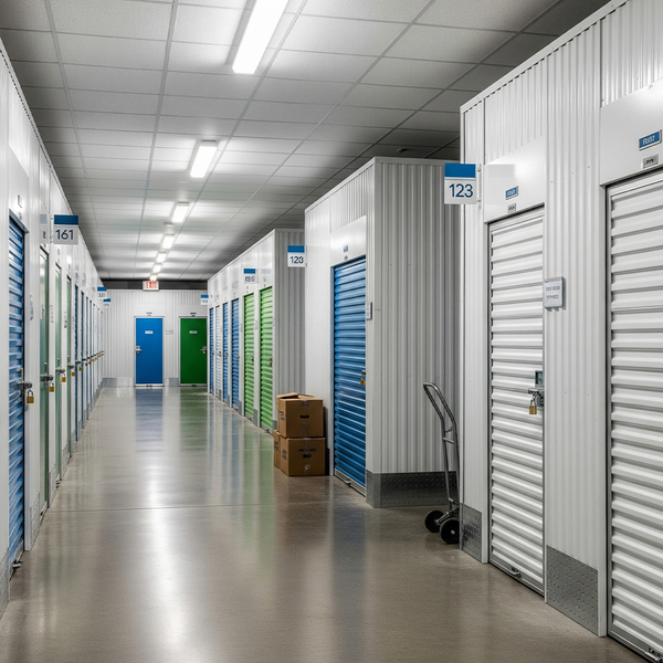 A variety of clean and well-maintained storage units are shown in a hallway, highlighting quality and options. selfstorage.jpg