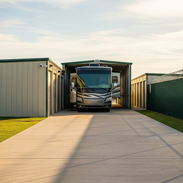 A wide driveway provides easy access for a large RV at a secure storage facility. image2.jpg