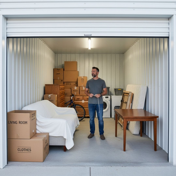 man standing in storage with a table and couch