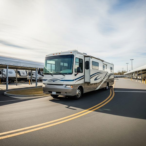 A large RV is shown easily turning a wide corner within a storage facility, demonstrating convenient accessibility. rvstorage.jpg