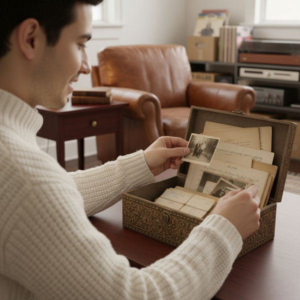 man looking at old photos 