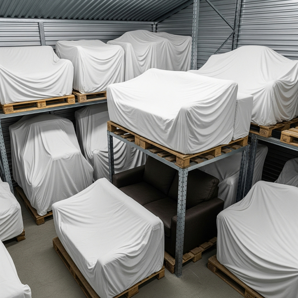 storage unit interior with couches, chairs, and tables wrapped in fabric sheets
