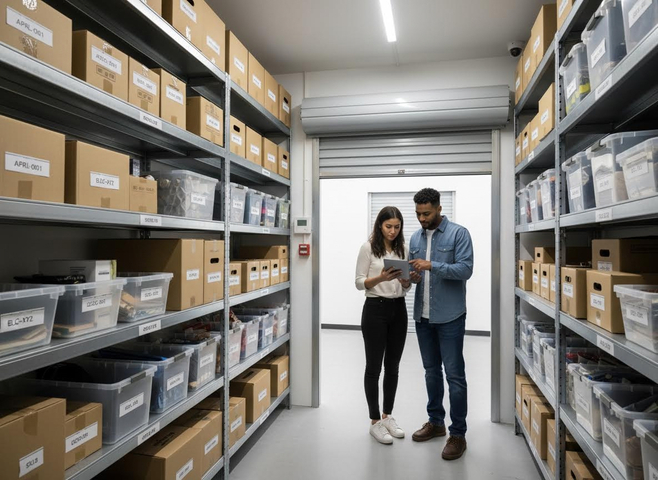 Two people checking inventory in a warehouse aisle