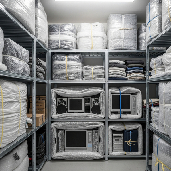 image of a storage unit with electronics like monitors and stereos in padded boxes