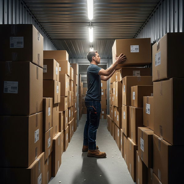 A person stacking boxes in a storage unit to create an aisle. moving3.jpg