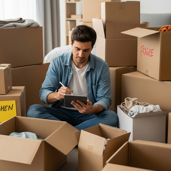A person sits on the floor amidst moving boxes, creating an inventory list on a tablet to plan their storage. moving1.jpg
