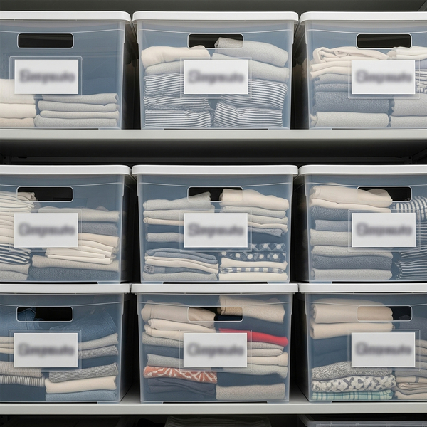 labeled plastic storage bins with clothes inside, stacked in a clean storage unit