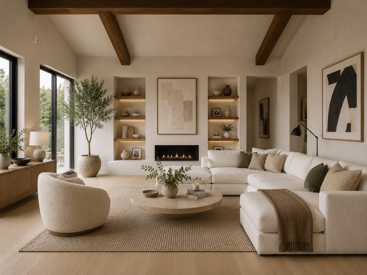 Discover an organic modern living room featuring warm neutral tones, custom illuminated built-ins, exposed wood beams, a contemporary fireplace, and natural textures. Organic Modern Neutral Living Room