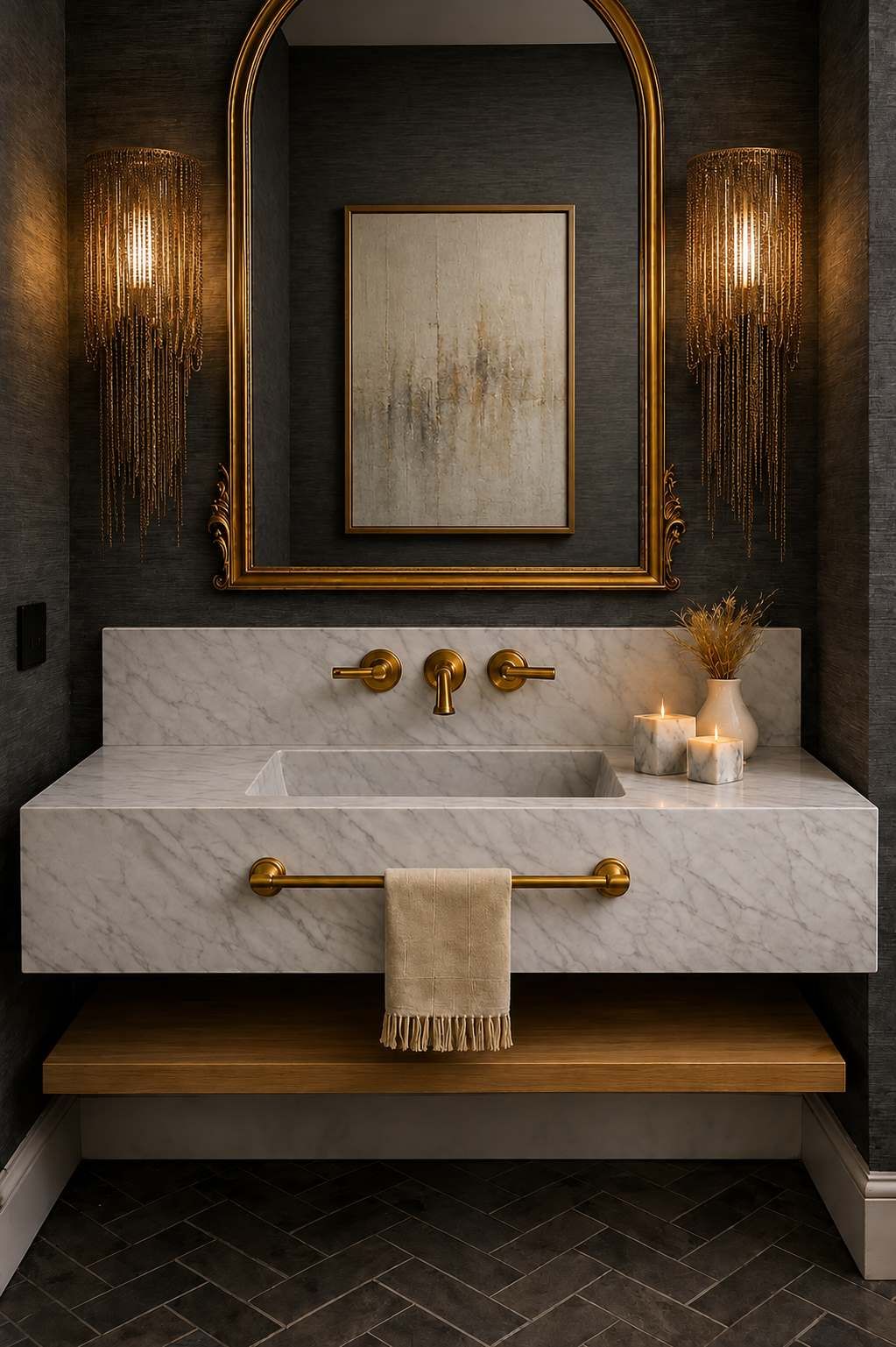 Discover a sophisticated luxury powder room featuring a floating marble vanity, warm brass fixtures, statement lighting, an arched mirror, and dramatic dark finishes. South Hampton Moody Brass & Marble Bathroom