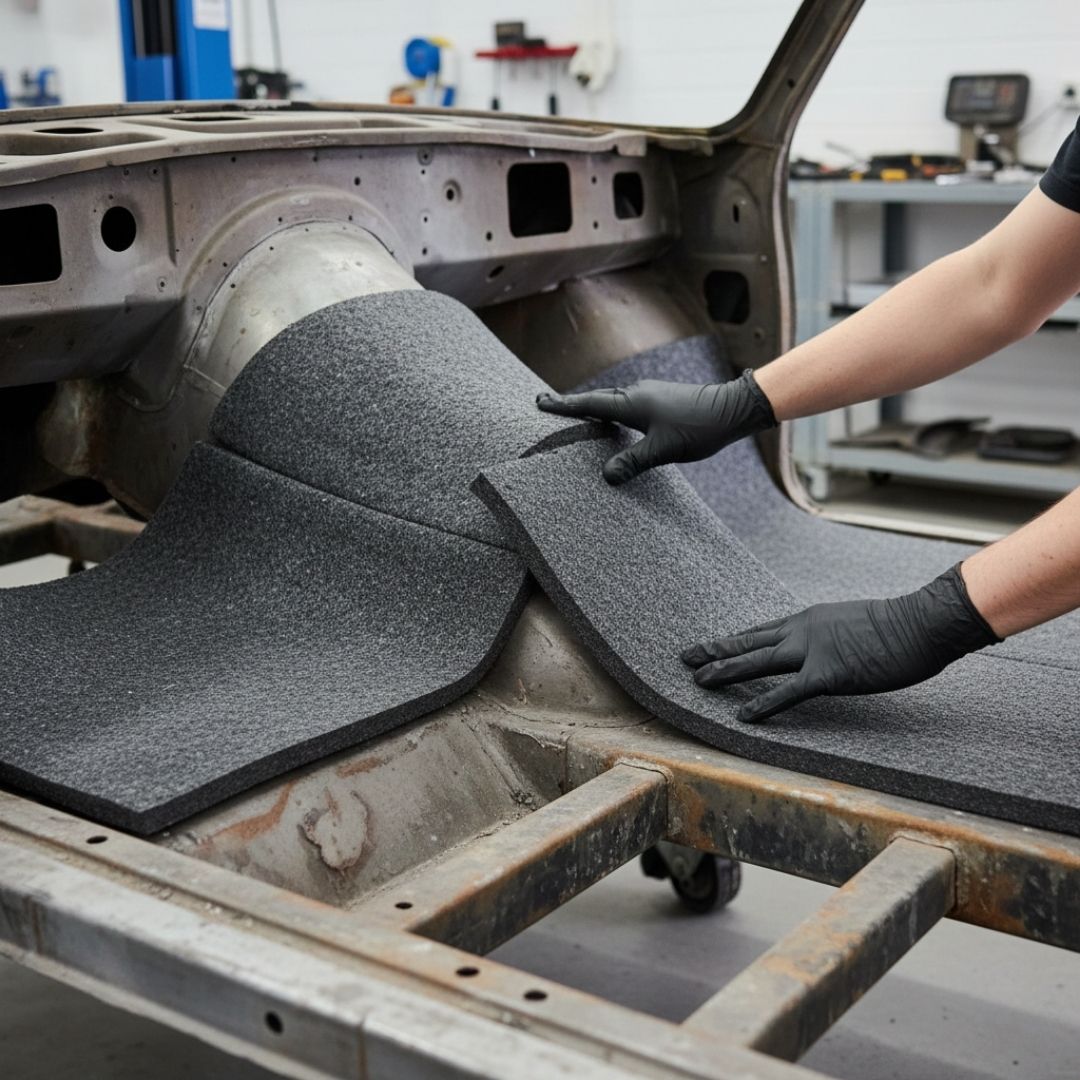 Hands installing thick, modern sound-deadening insulation material onto the bare metal floor of a classic car restoration project.