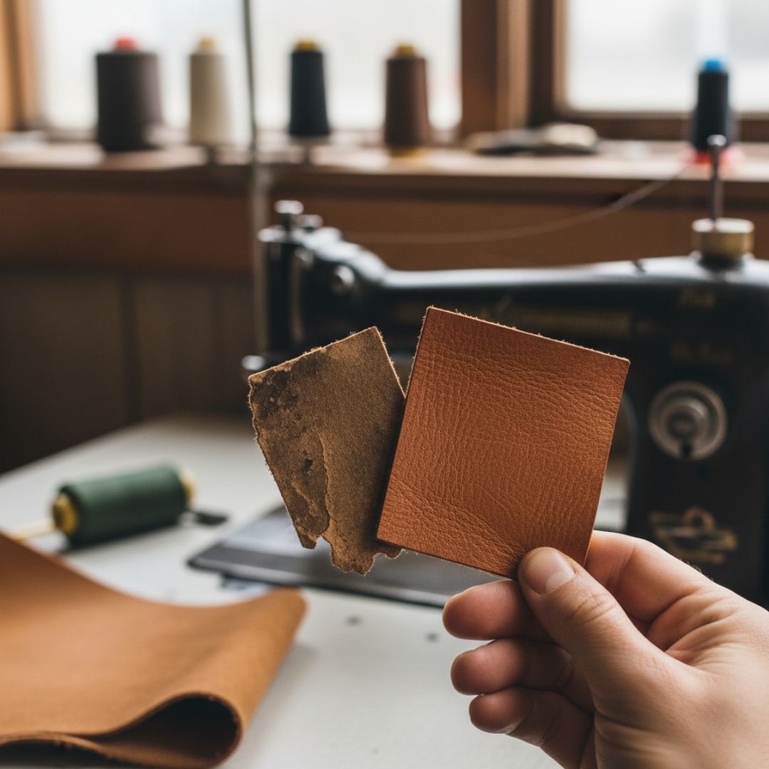Close-up of a hand comparing a swatch of new, period-correct interior material next to an old, worn piece.