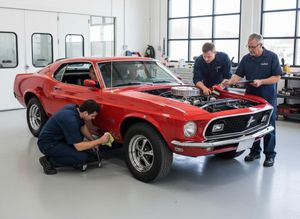 Team of Mechanics Servicing a Classic Red Ford Mustang