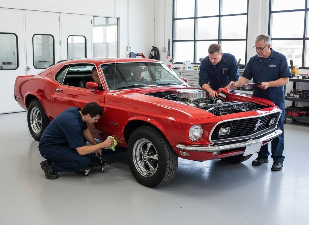 Team of Mechanics Servicing a Classic Red Ford Mustang