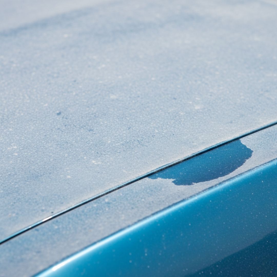 a blue classic car's hood showing severe paint oxidation and fading, with a chalky, dull finish that has lost its original shine