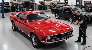 a vibrant red classic Mustang is being prepped for paint by a technician with a spray gun