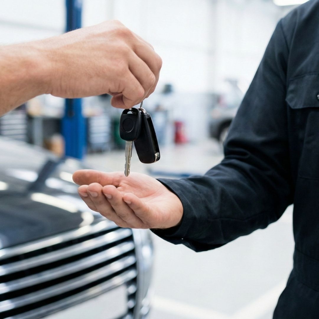 A service professional hands car keys back to a client after completing expert repairs.