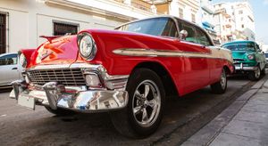 low angle of classic red car