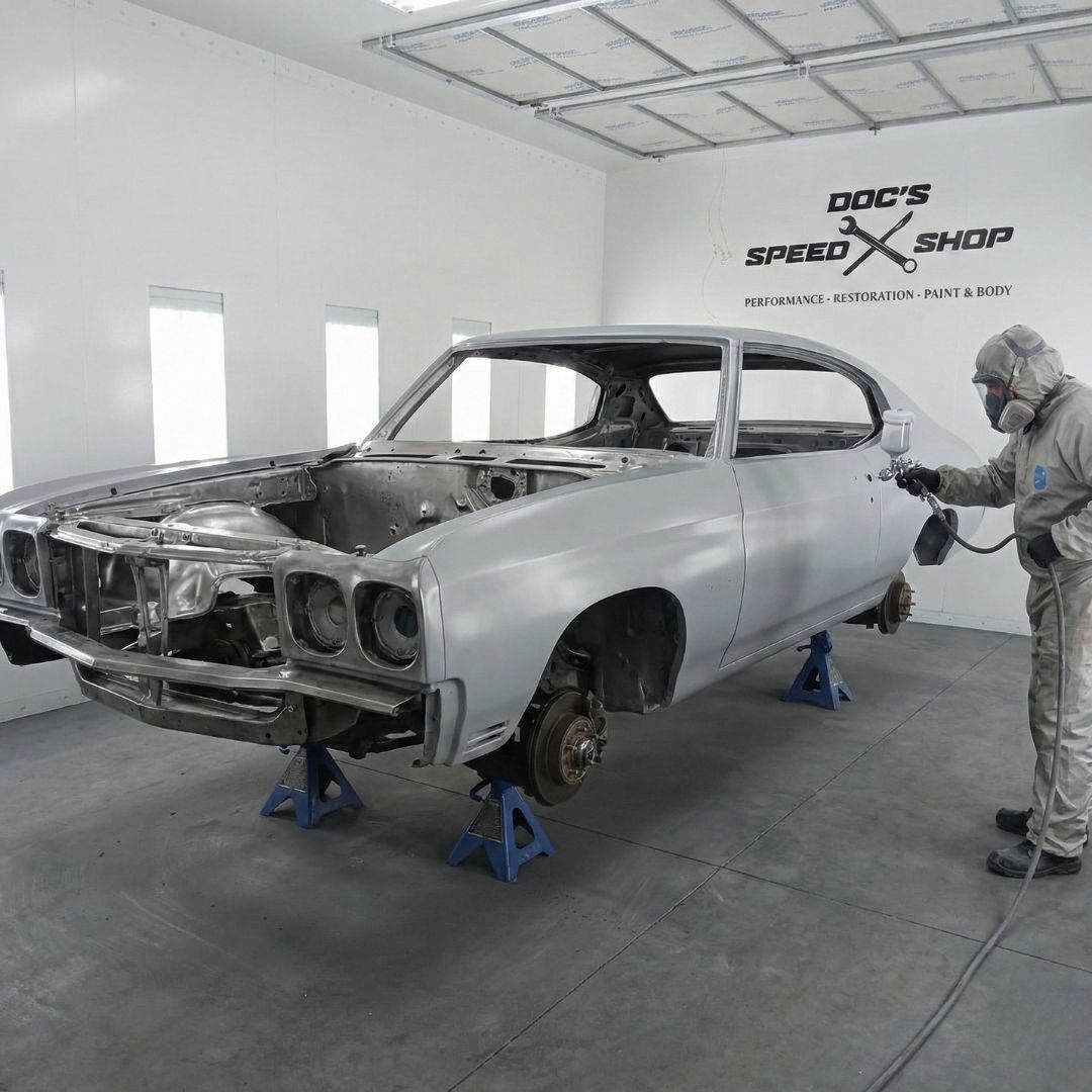 Our skilled painter applies a precision coating in a professional-grade spray booth at the Doc's Speed Shop facility.