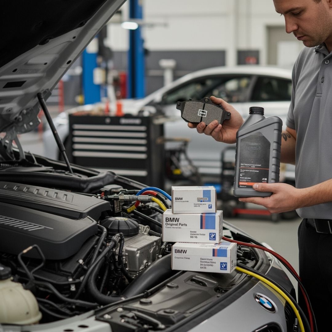 technician holds up a bottle of synthetic motor oil and a new brake pad