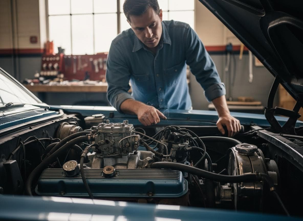 Mechanic inspecting vintage car engine with smoke in a garage