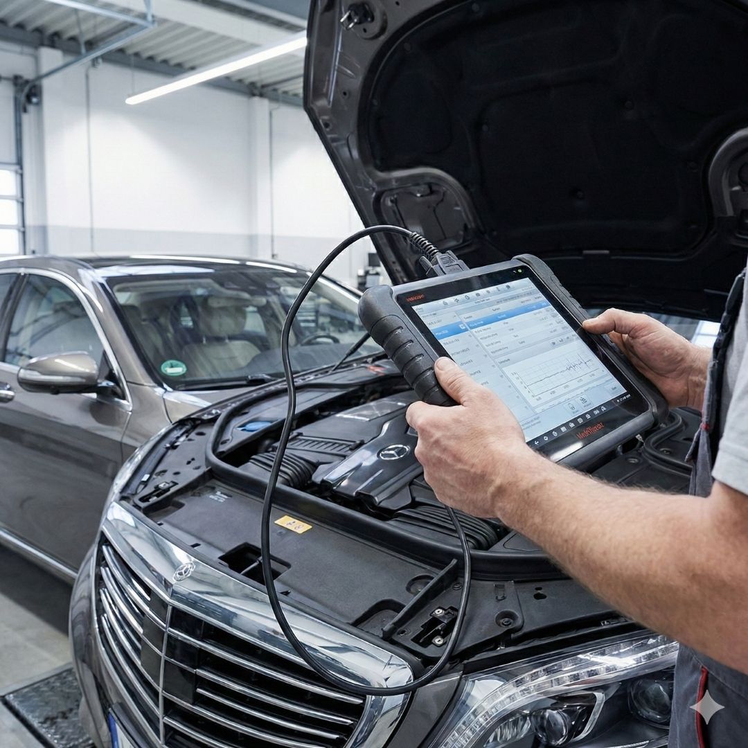 A professional technician uses a high-tech diagnostic tablet to scan a foreign car’s internal computer systems.
