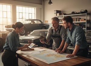 Three people, two men and one woman, analyze a world map and a tablet, discussing car parts in a workshop with classic cars. Team of mechanics planning logistics in a garage