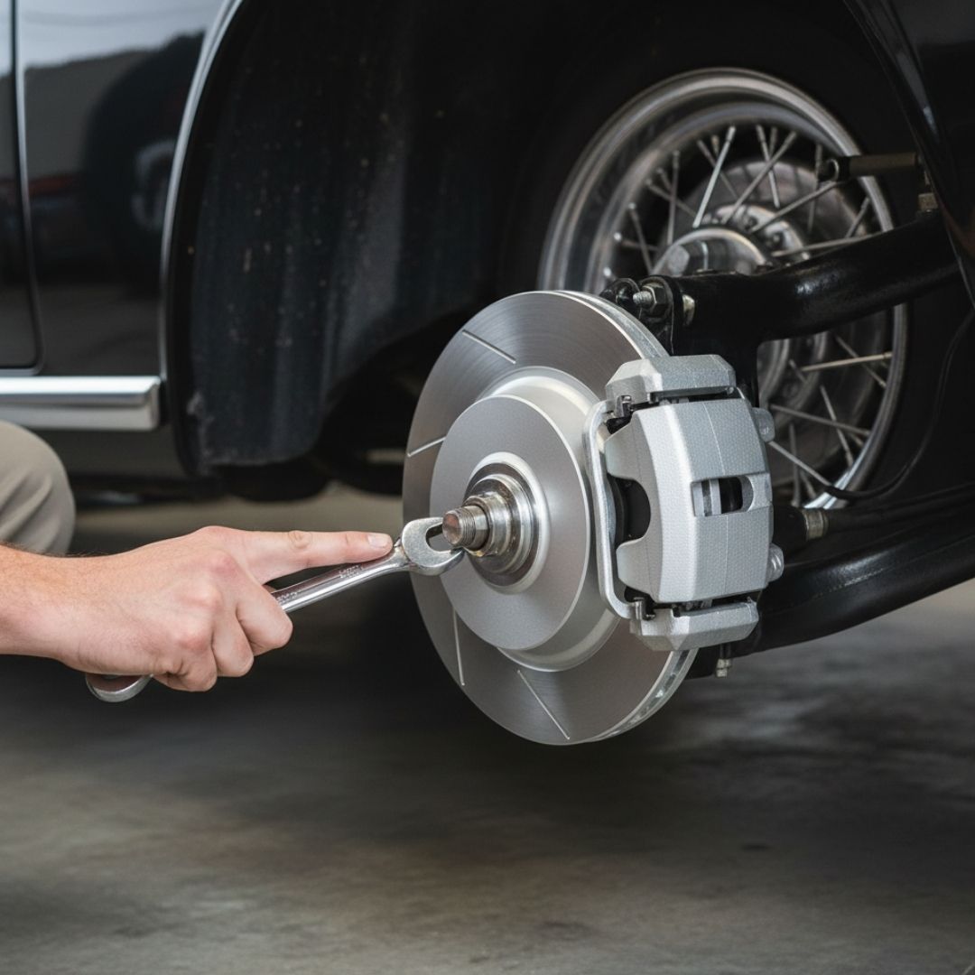 Hand points to disc brake upgrade on classic car