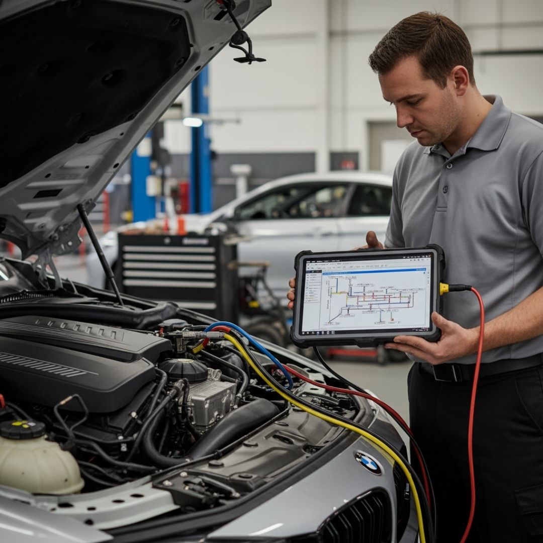 a skilled technician uses a specialized diagnostic tablet connected to the engine bay of a modern BMW