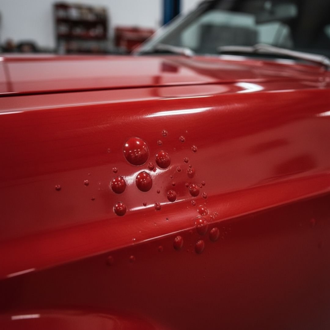 a red classic car's fender showing noticeable paint bubbles and blisters