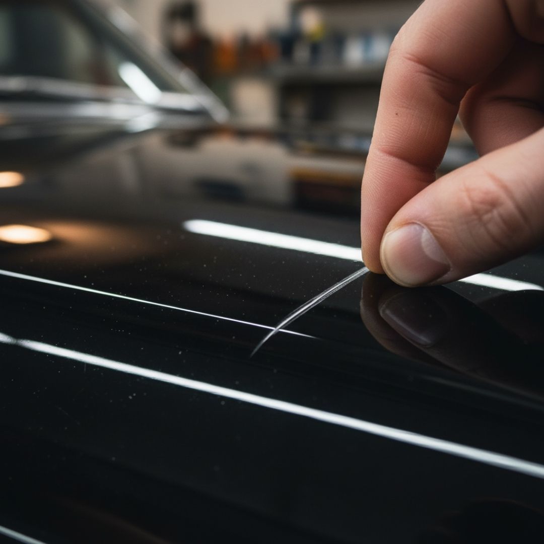 a hand testing a deep scratch on a shiny black classic car's hood