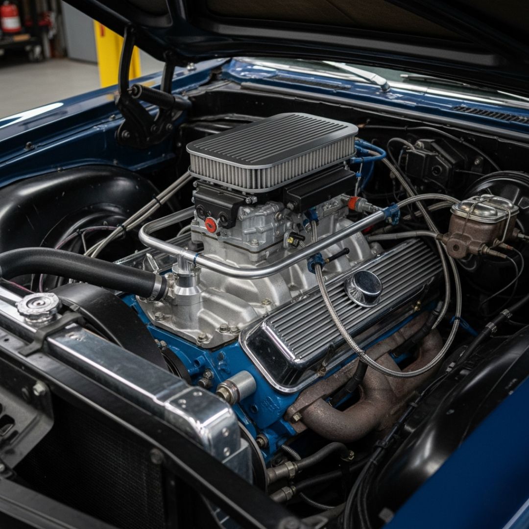 fuel injection system visible in classic car engine bay