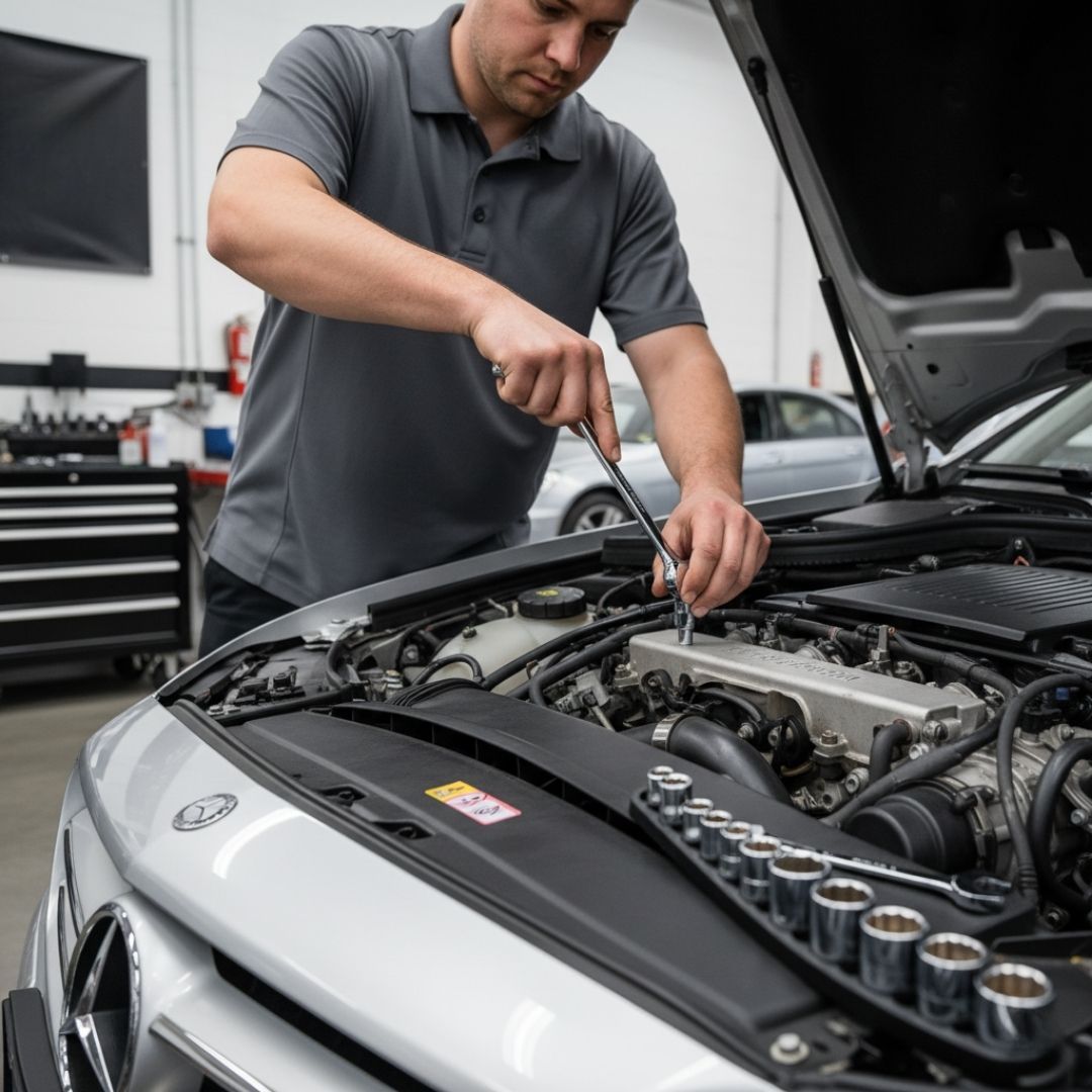 a technician using a wrench from a metric socket set to work on the engine of a silver Mercedes-Benz
