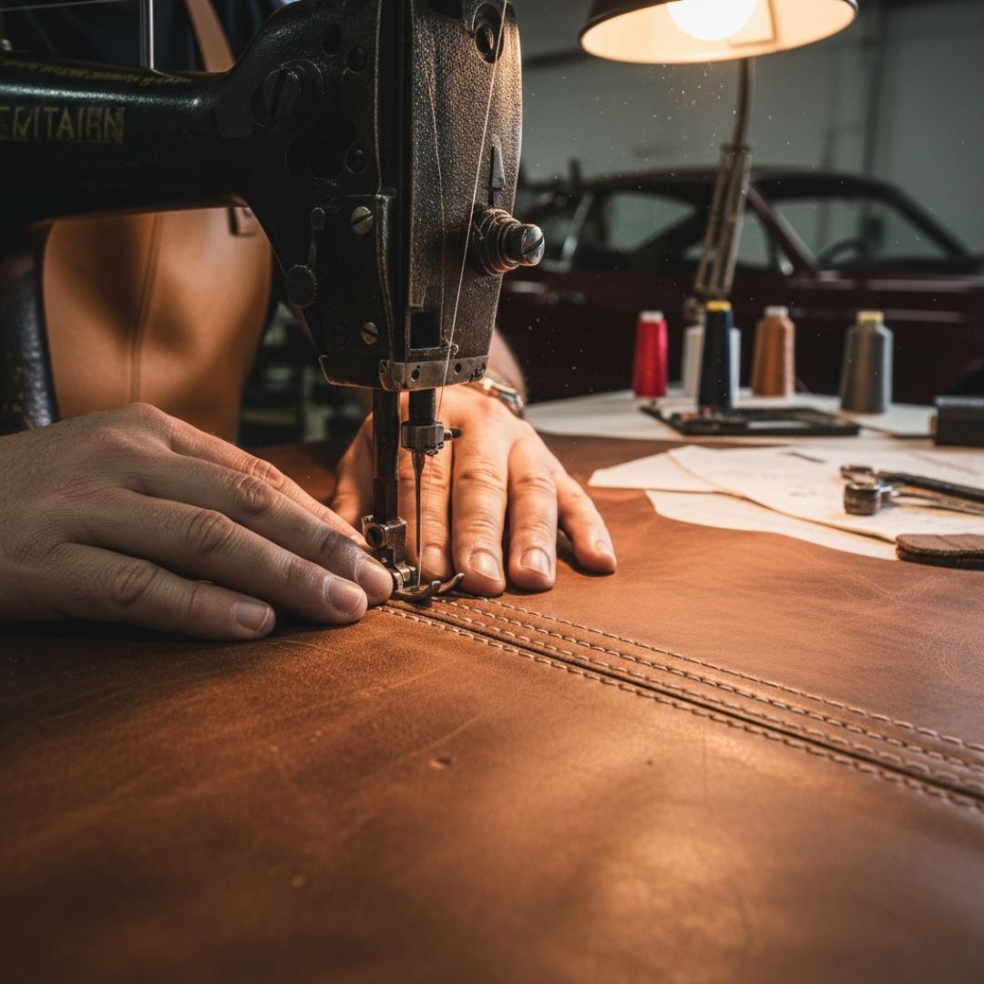 upholsterer's hands performing intricate, professional stitching on a piece of classic car interior leather.