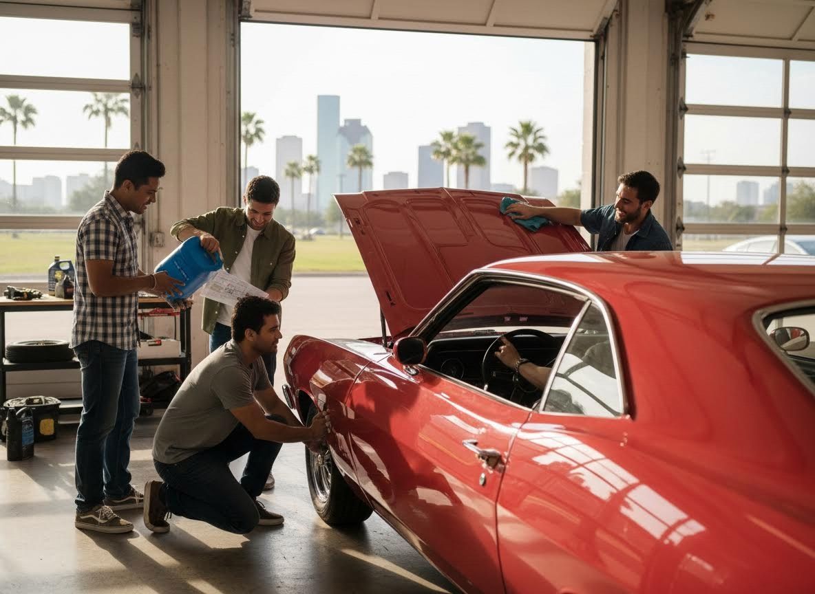 Men working on a classic red car in a garage